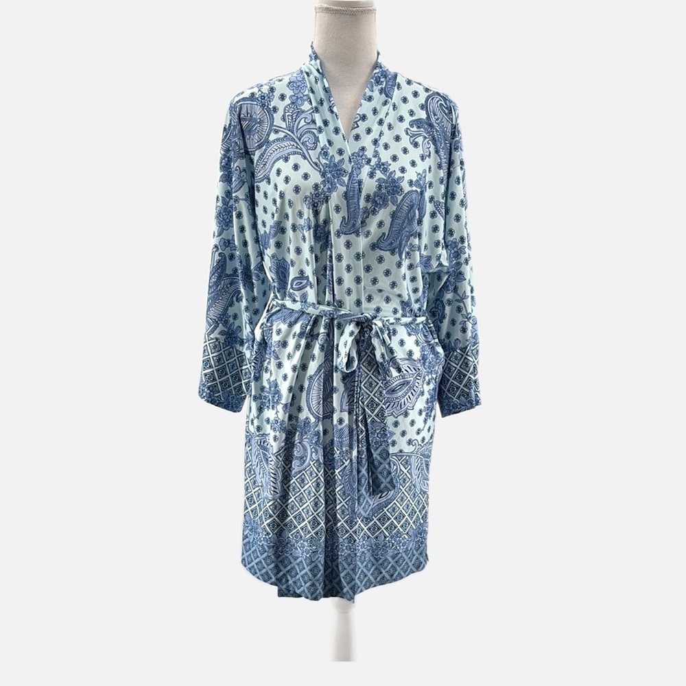 In Bloom by Jonquil Floral Paisley Knit Short Robe in Blue - Size XS/S